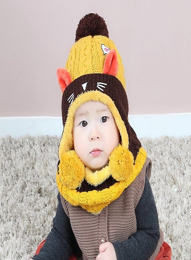 Malvina Unisex Baby Kids Hats Handmade Knitted Scarf Hats & Caps Toddler Knitted Hoodie Winter Head Scarf Neck Warmer Cute Cat Hooded Scarf Hats Soft Plush Lining for 6 Months-2 Years (Yellow) - Image 3