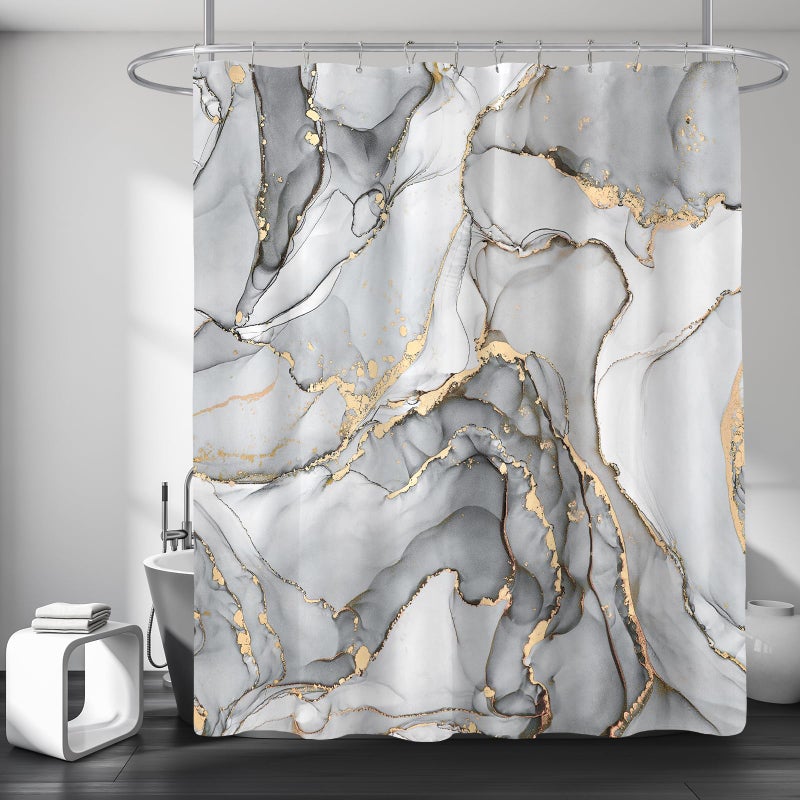 BayNook Grey Marble Shower Curtain, Modern Abstract Fabric Shower Curtains for Bathroom, Luxury Art Decor Silver Gray Gold Ink Texture Watercolor Shower Curtain Set with Hooks 72x72 - Image 1