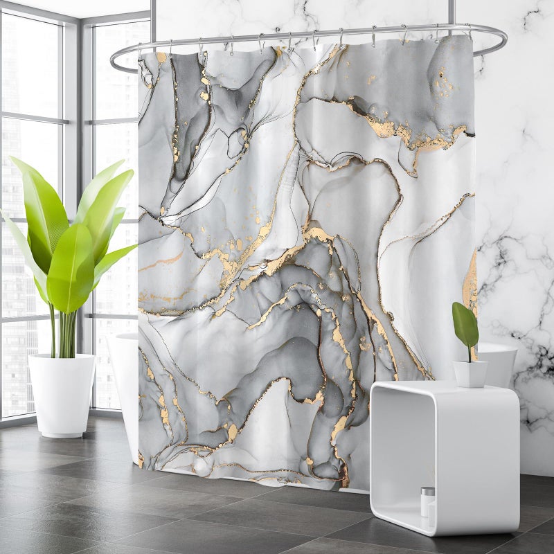 BayNook Grey Marble Shower Curtain, Modern Abstract Fabric Shower Curtains for Bathroom, Luxury Art Decor Silver Gray Gold Ink Texture Watercolor Shower Curtain Set with Hooks 72x72 - Image 3