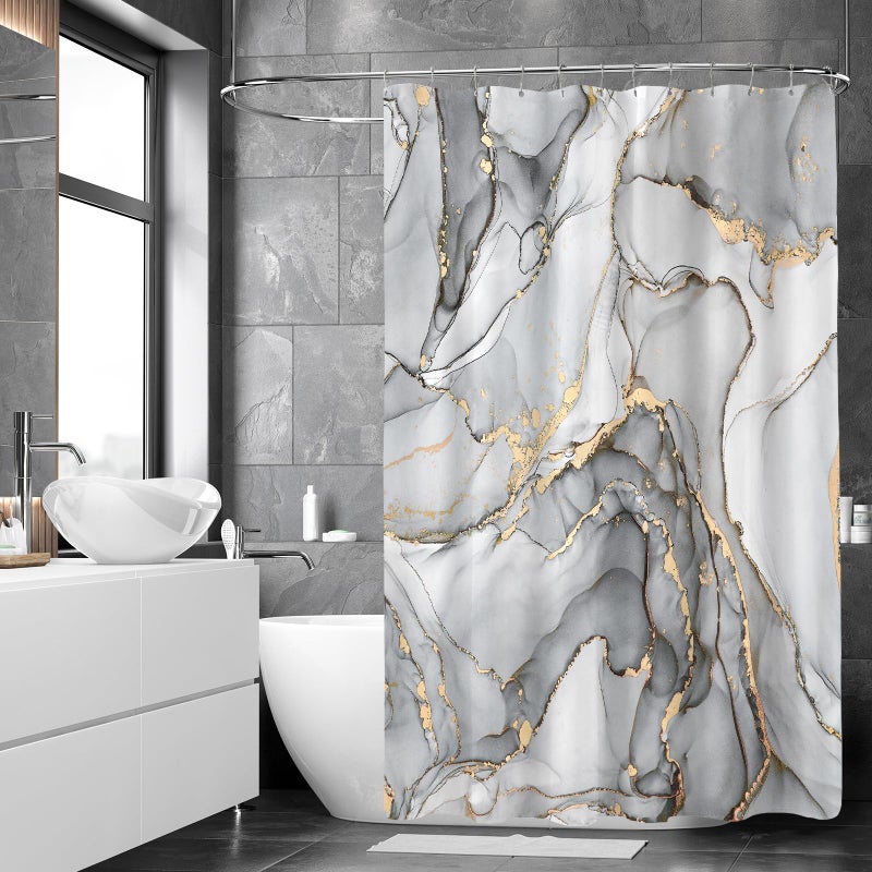 BayNook Grey Marble Shower Curtain, Modern Abstract Fabric Shower Curtains for Bathroom, Luxury Art Decor Silver Gray Gold Ink Texture Watercolor Shower Curtain Set with Hooks 72x72 - Image 2