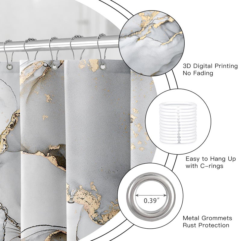 BayNook Grey Marble Shower Curtain, Modern Abstract Fabric Shower Curtains for Bathroom, Luxury Art Decor Silver Gray Gold Ink Texture Watercolor Shower Curtain Set with Hooks 72x72 - Image 5