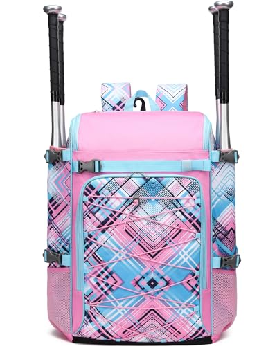 FOKDUVB Baseball Softball Catchers Gear Bag for Helmet Chest Protector Leg Guards Cleats Large Baseball Softball Bat Backpack for Boys Girls Catchers Equipment Bag for Youth Adult Pink Blue Plaid - Image 3