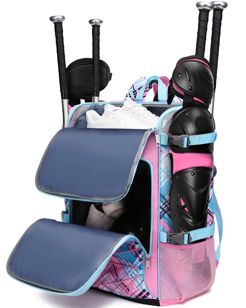 FOKDUVB Baseball Softball Catchers Gear Bag for Helmet Chest Protector Leg Guards Cleats Large Baseball Softball Bat Backpack for Boys Girls Catchers Equipment Bag for Youth Adult Pink Blue Plaid - Image 2