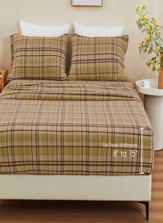 Ivellow Flannel Sheets King Size Deep Pocket Sheet Set Double Brushed Extra Soft Comfort Breathable 4 Pieces Khaki Plaid Fleece Bed Sheets King Bedding Warm Cozy Non Pilling - Image 5