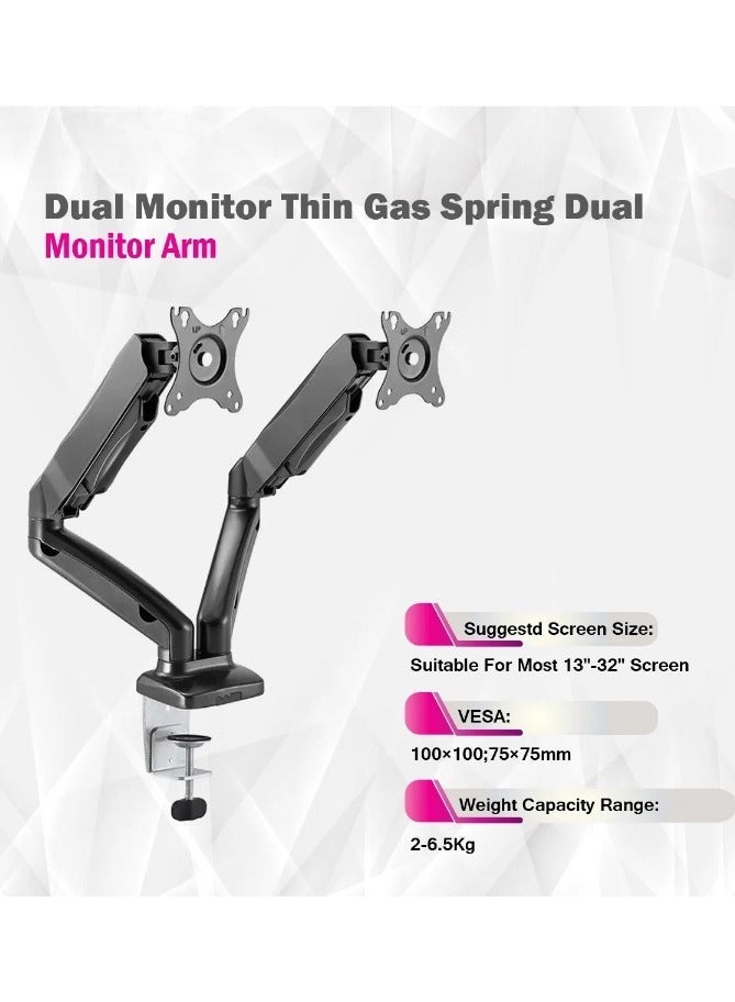 Skill Tech Dual Monitor Thin Gas Spring Arm – Adjustable Dual Monitor Desk Mount for 13 to 32 Inch Screens – Ergonomic, Space-Saving, Full Motion with Tilt, Swivel, and Rotation – Gas Spring Balance System – Compatible with VESA 75x75mm & 100x100mm – Sleek Black Finish - Image 4