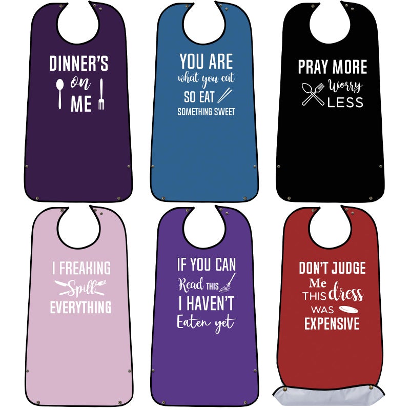 SATINIOR 6 Pieces Adult Bibs for Women Washable Reusable Clothing Protector with Crumb Catcher Beautiful Pattern Bibs (Dinner Style) - Image 1