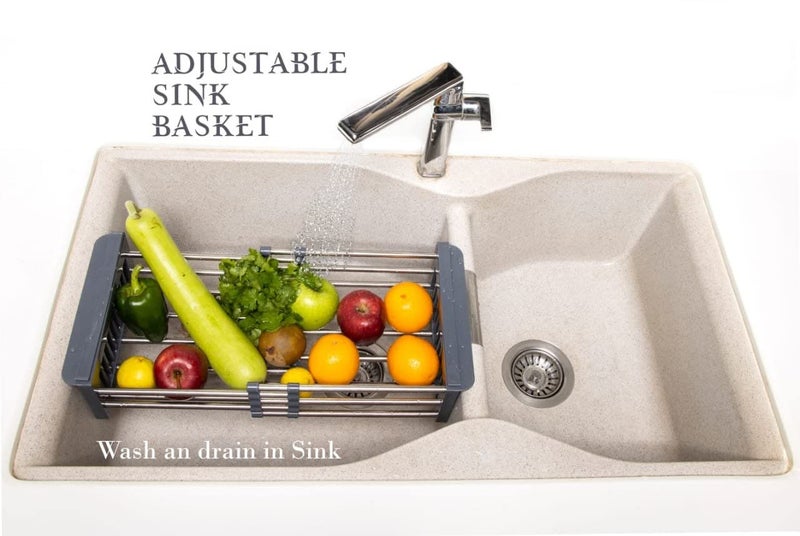 TEKREVA Adjustable Sink Basket Stainless Steel Sink Strainer NonSlip Kitchen Sink Strainer Multiprpose Dish Drying Over The Sink Rack for Vegetables and Fruits Utensils - Image 2