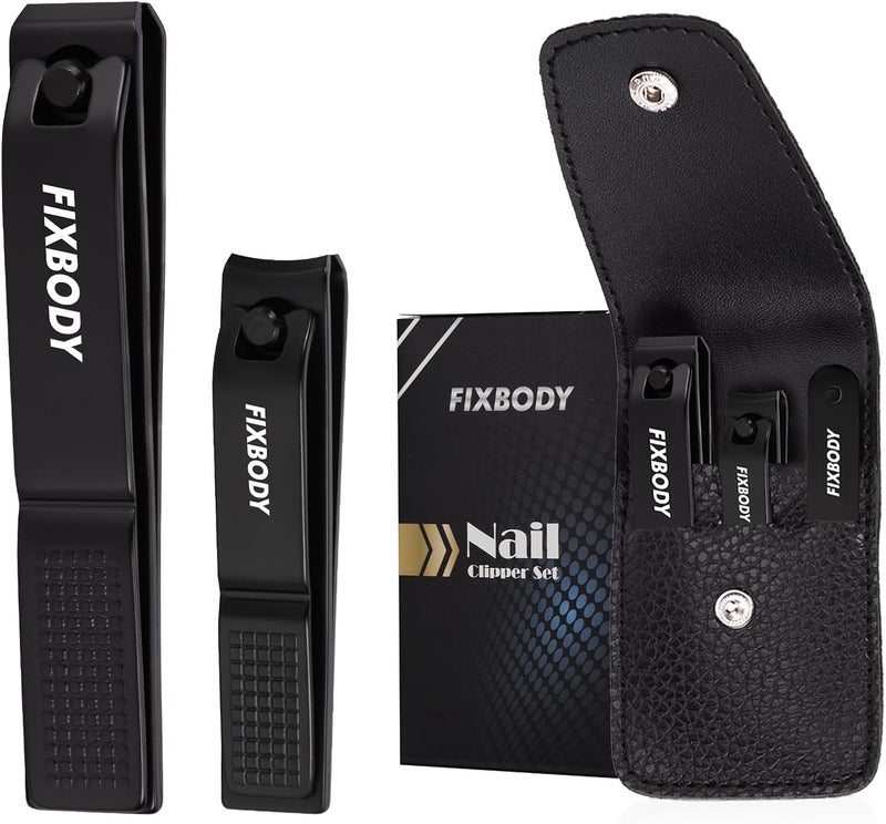FIXBODY طقم قص الأظافر، مقص أظافر أسود من الفولاذ المقاوم للصدأ فائق الحدة ومقص أظافر القدم ومبرد أظافر مع حقيبة سفر جلدية، هدية رائعة لعيد الميلاد، هدايا صغيرة للرجال والنساء - Image 1