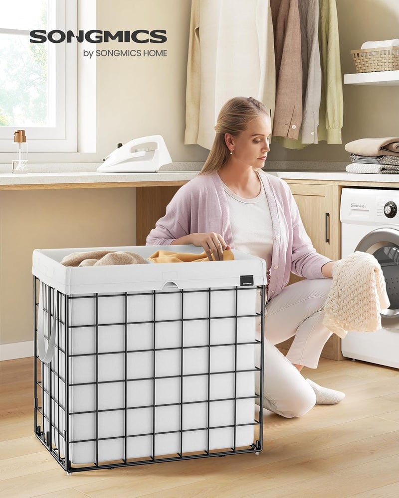 SONGMICS Laundry Hamper, 34.3 Gal. (130L) Laundry Basket, Collapsible Clothes Hamper, Removable and Washable Liner, Metal Wire Frame, for Bedroom Bathroom, Cream White - Image 2