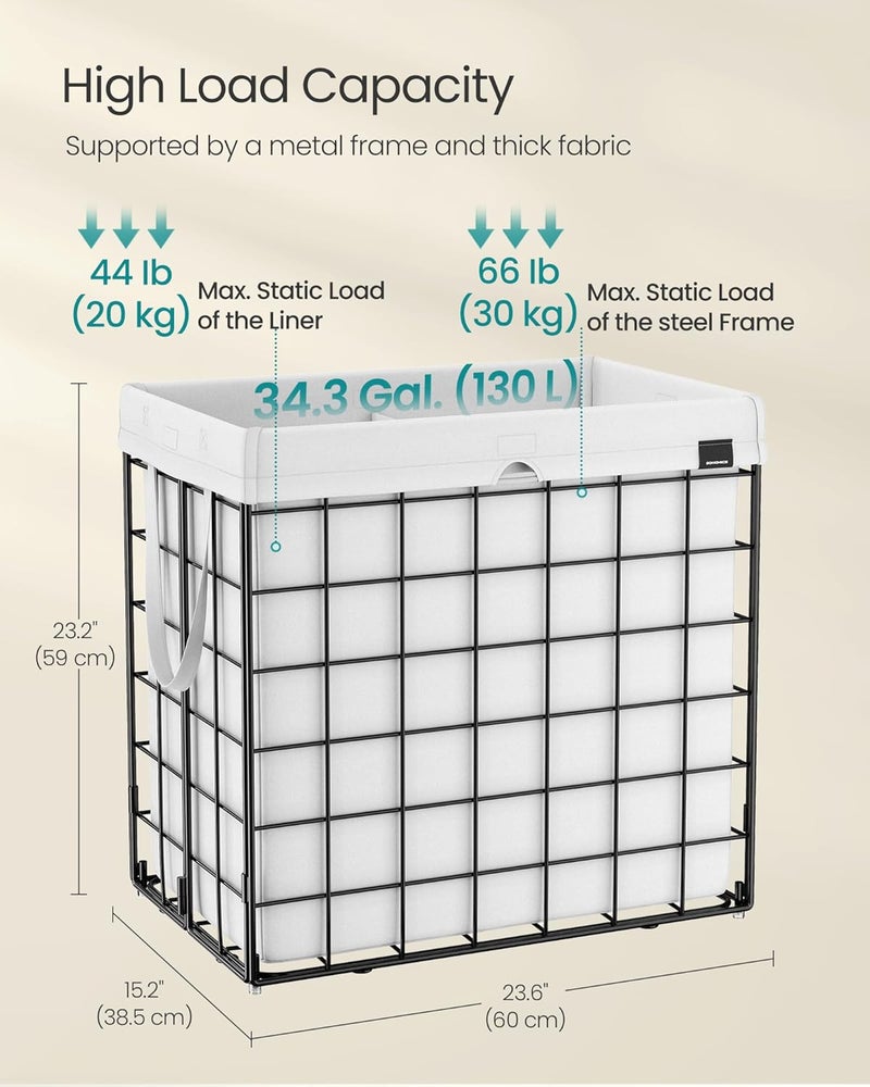 SONGMICS Laundry Hamper, 34.3 Gal. (130L) Laundry Basket, Collapsible Clothes Hamper, Removable and Washable Liner, Metal Wire Frame, for Bedroom Bathroom, Cream White - Image 5