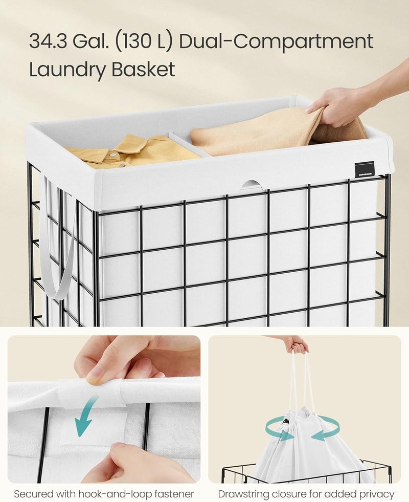 SONGMICS Laundry Hamper, 34.3 Gal. (130L) Laundry Basket, Collapsible Clothes Hamper, Removable and Washable Liner, Metal Wire Frame, for Bedroom Bathroom, Cream White - Image 3