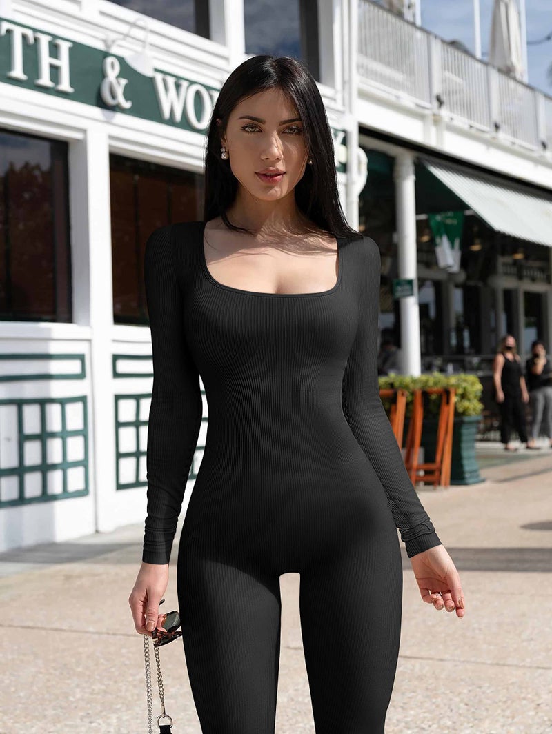 YIOIOIO Women Workout Seamless Jumpsuit Yoga Ribbed One Piece Long Sleeve Leggings Romper - Image 4
