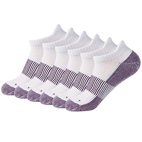 FOOTPLUS Womens Golf Socks Copper Ankle Breathable Moisture Wicking Anti Blister Odor Free Arch Support Hiking Athletic Socks Casual Ankle Running Socks, 6 Pairs White& Purple, Medium - Image 1