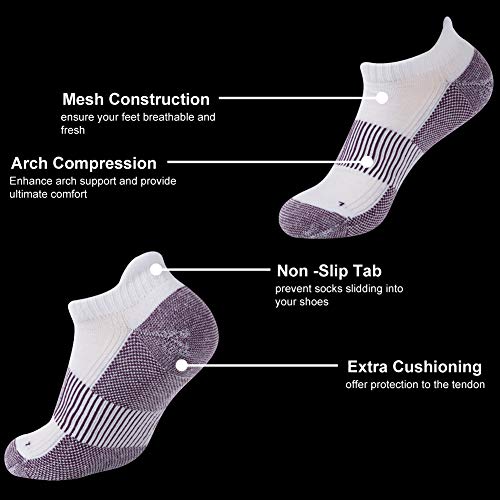 FOOTPLUS Womens Golf Socks Copper Ankle Breathable Moisture Wicking Anti Blister Odor Free Arch Support Hiking Athletic Socks Casual Ankle Running Socks, 6 Pairs White& Purple, Medium - Image 5