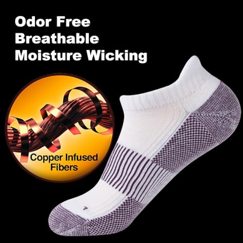 FOOTPLUS Womens Golf Socks Copper Ankle Breathable Moisture Wicking Anti Blister Odor Free Arch Support Hiking Athletic Socks Casual Ankle Running Socks, 6 Pairs White& Purple, Medium - Image 4