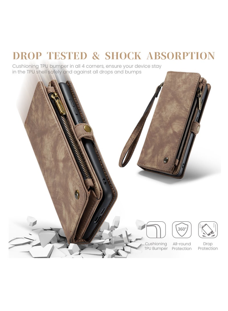 CaseMe Protective Phone Cover Case Wallet Case For Samsung Galaxy S24, 2 in 1 Detachable Premium Leather Magnetic Zipper Pouch Wristlet Flip Phone Case (Brown)  - Image 4