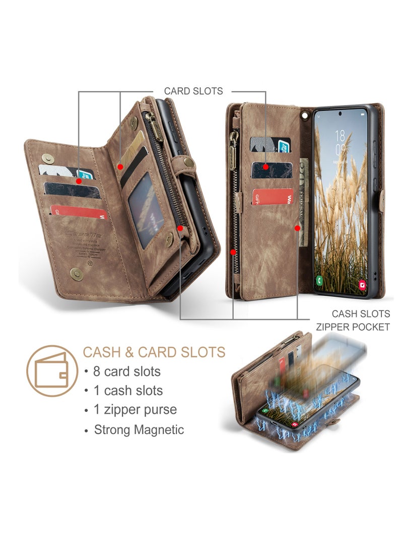 CaseMe Protective Phone Cover Case Wallet Case For Samsung Galaxy S24, 2 in 1 Detachable Premium Leather Magnetic Zipper Pouch Wristlet Flip Phone Case (Brown)  - Image 5
