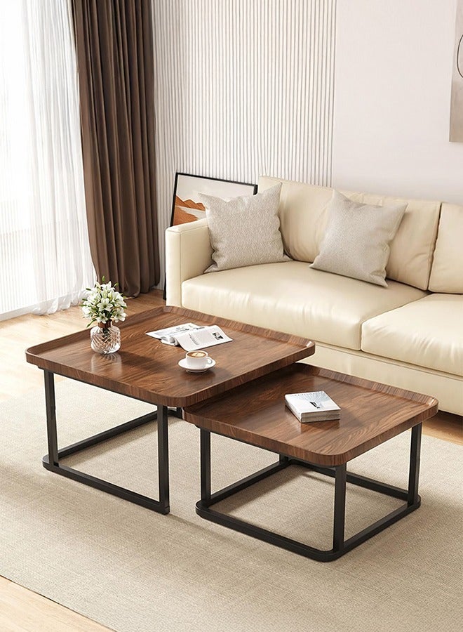XiuWoo Nesting Square Coffee Table Set of 2 60cm and 50cm Walnut Finish Fluted Design Mid Century Modern Minimalist Side Tables for Small Spaces Living Room Bedroom Office Balcony Multi Functional Storage Tea Table - Image 1