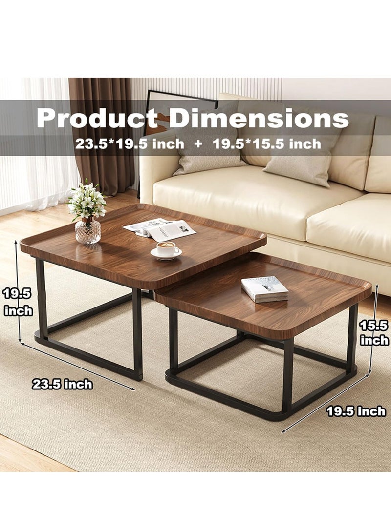 XiuWoo Nesting Square Coffee Table Set of 2 60cm and 50cm Walnut Finish Fluted Design Mid Century Modern Minimalist Side Tables for Small Spaces Living Room Bedroom Office Balcony Multi Functional Storage Tea Table - Image 3