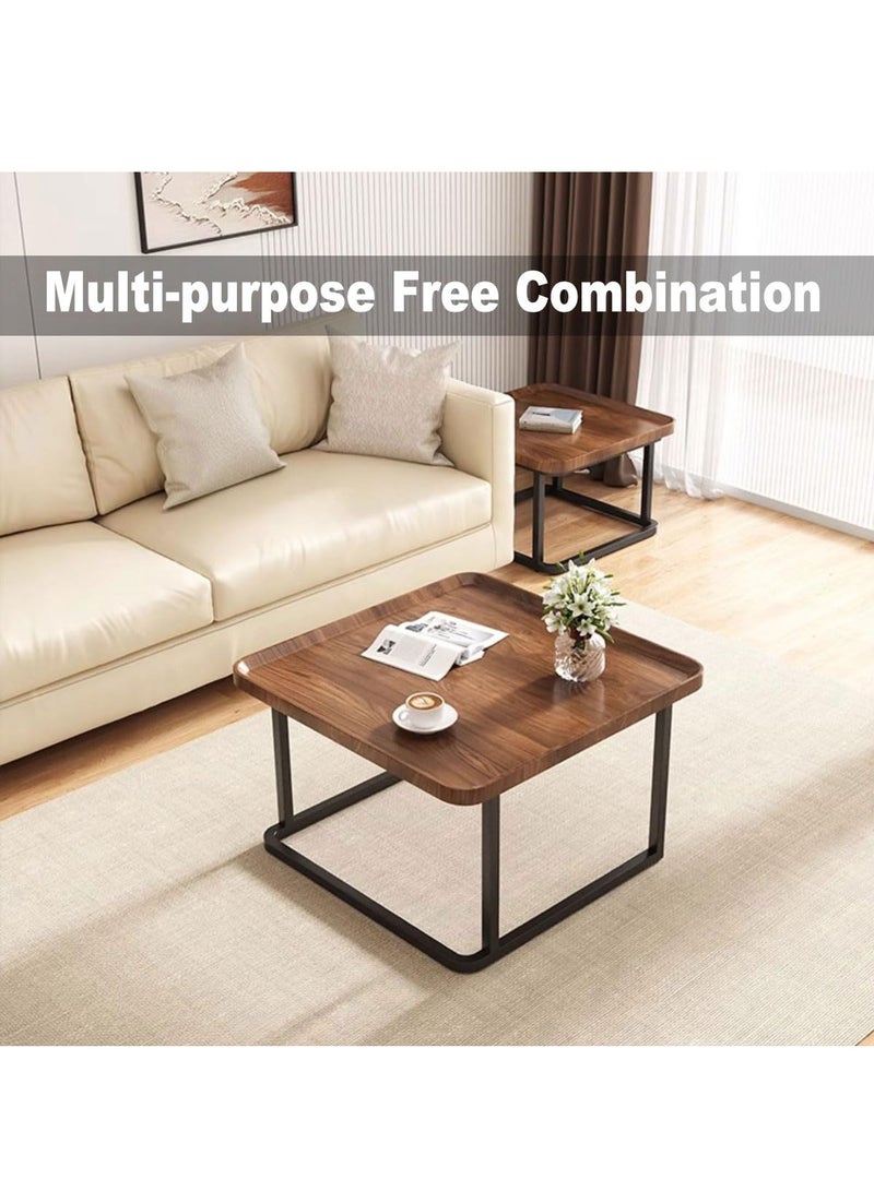 XiuWoo Nesting Square Coffee Table Set of 2 60cm and 50cm Walnut Finish Fluted Design Mid Century Modern Minimalist Side Tables for Small Spaces Living Room Bedroom Office Balcony Multi Functional Storage Tea Table - Image 4