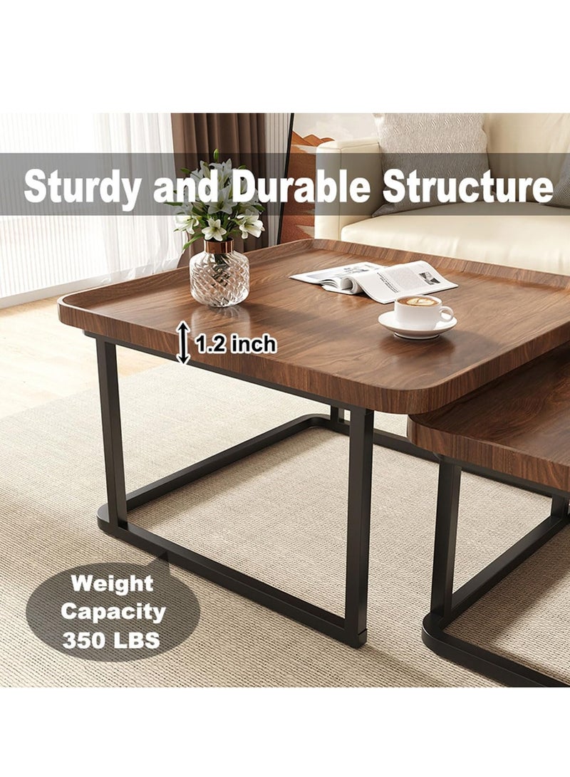 XiuWoo Nesting Square Coffee Table Set of 2 60cm and 50cm Walnut Finish Fluted Design Mid Century Modern Minimalist Side Tables for Small Spaces Living Room Bedroom Office Balcony Multi Functional Storage Tea Table - Image 5