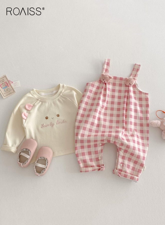 Baby Girls T-shirt and Overalls Set with Vivid Patterns, Adorable Spring and Autumn Outfit with Long Sleeve Top and Checkered Suspender Trousers, 2 Piece Comortable Clothing Set for Baby Girls, Suitable for Daily Wear and Outdoor Activities