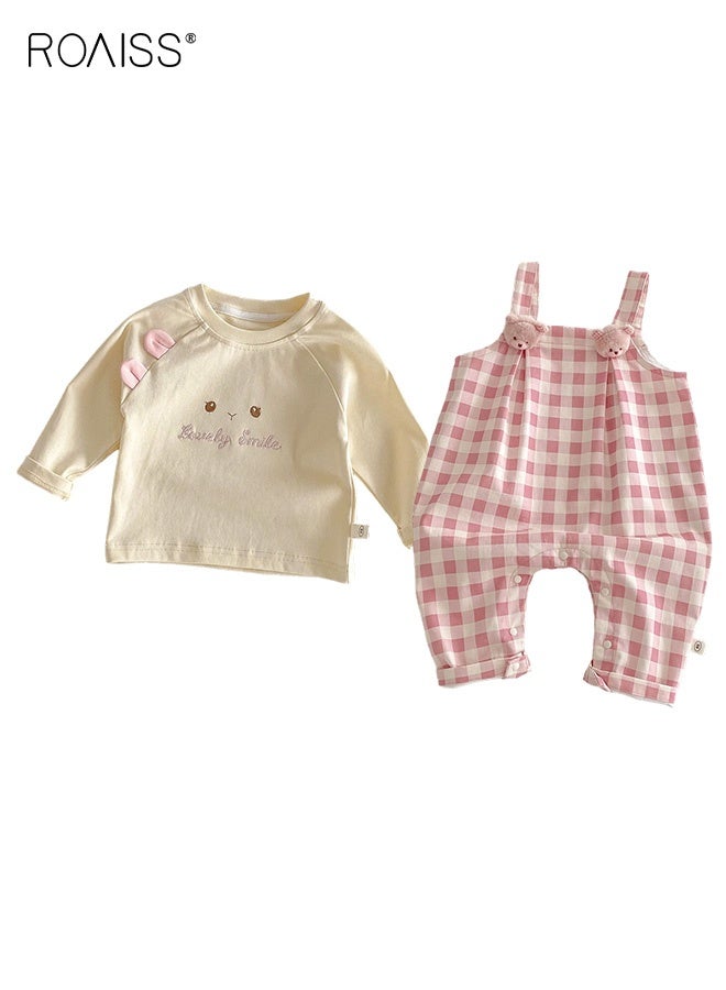 رويس طقم تي شيرت وبدلة بناتية بنقوش زاهية، ملابس ربيعية وخريفية رائعة بأكمام طويلة وسروال بكتافات مربعة، طقم ملابس مريح من قطعتين للبنات، مناسب للارتداء اليومي والأنشطة الخارجية - Image 3