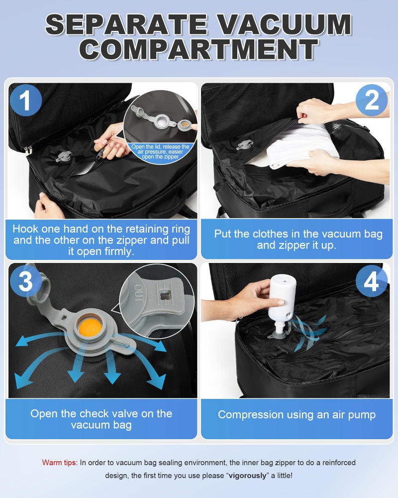 VGCUB Vacuum Backpack Travel with Suit Bag and Air Pump Compression Vacpack Carry on Flight Approved Daypack Laptop Space Saver Garment Bags for Travel Storage with Vacuum System Women Men Black - Image 3