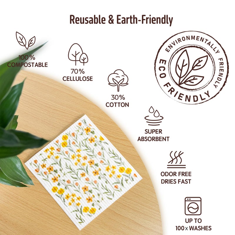 Augine Swedish Dishcloths for Kitchen, 5 Pack Flowers Reusable Paper Towels Washable, Super Absorbent Swedish Dish Cloths, Biodegradable, Non-Scratch, No Odor - Image 3