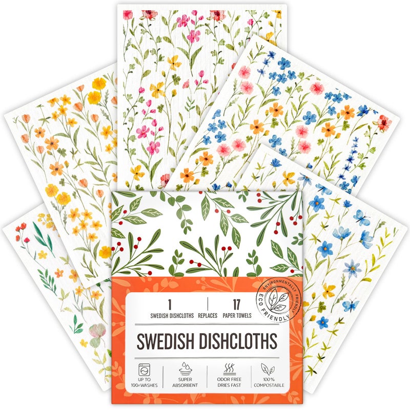 Augine Swedish Dishcloths for Kitchen, 5 Pack Flowers Reusable Paper Towels Washable, Super Absorbent Swedish Dish Cloths, Biodegradable, Non-Scratch, No Odor - Image 1