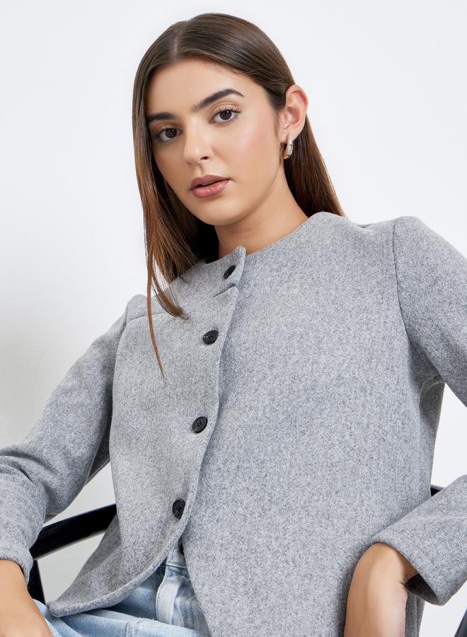 Styli Women Grey Plain Button Front Regular Fit Wool Jacket - Image 1