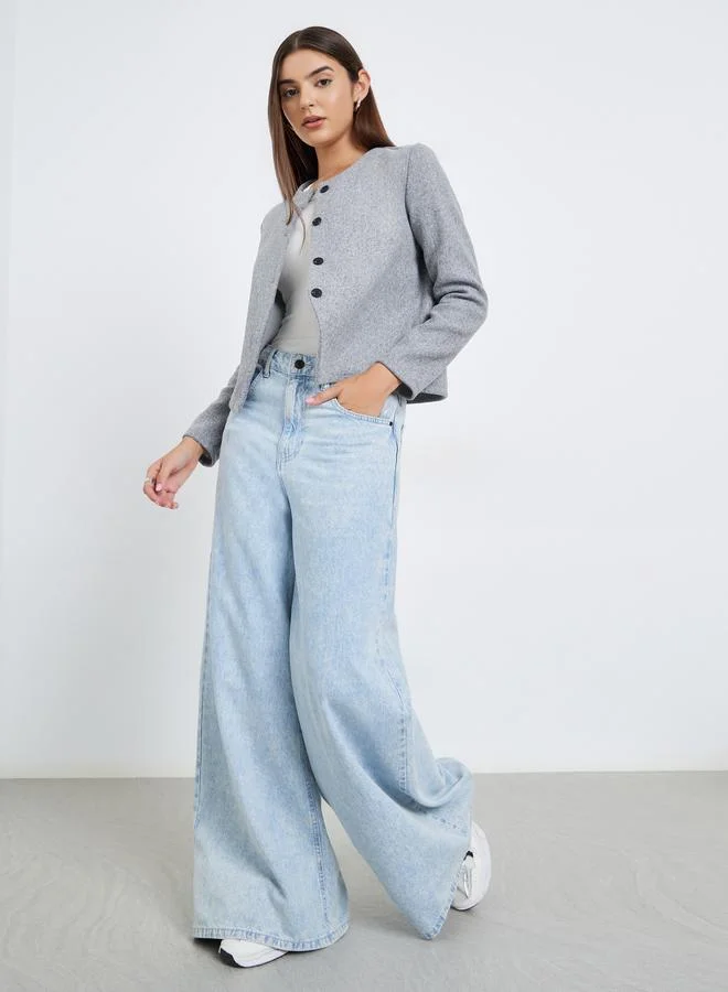 Styli Women Grey Plain Button Front Regular Fit Wool Jacket