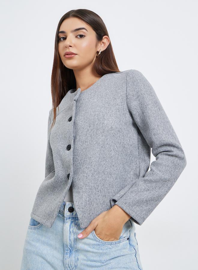 Styli Women Grey Plain Button Front Regular Fit Wool Jacket - Image 3