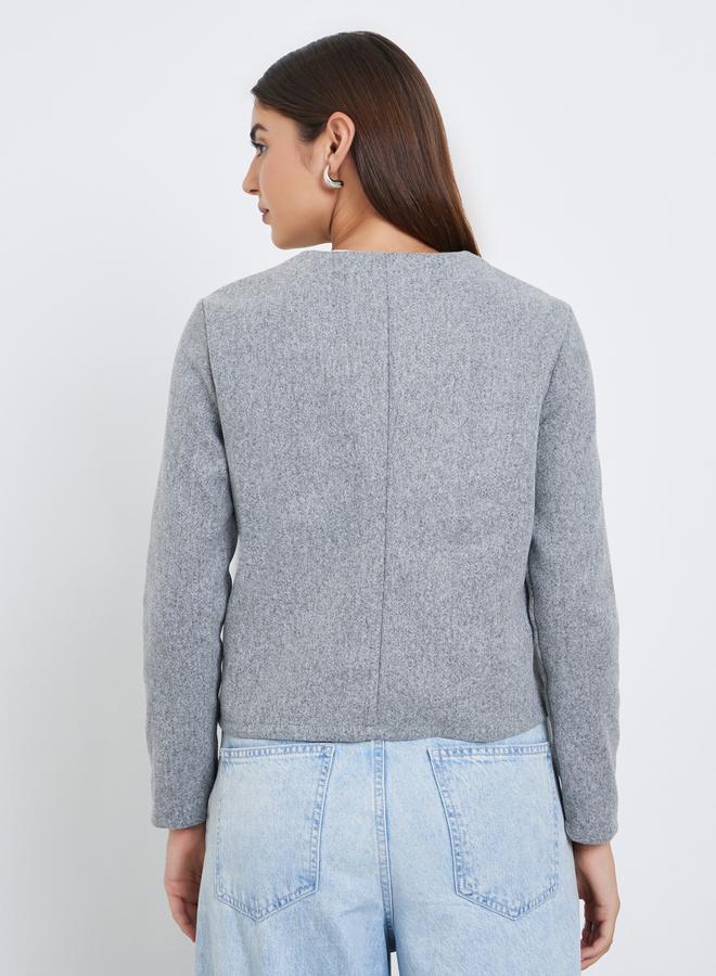Styli Women Grey Plain Button Front Regular Fit Wool Jacket - Image 5