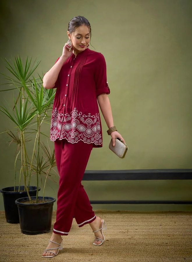 SASSAFRAS Embroidered Hem Shirt with Roll Up Sleeves & Pants Co-Ord by Styli