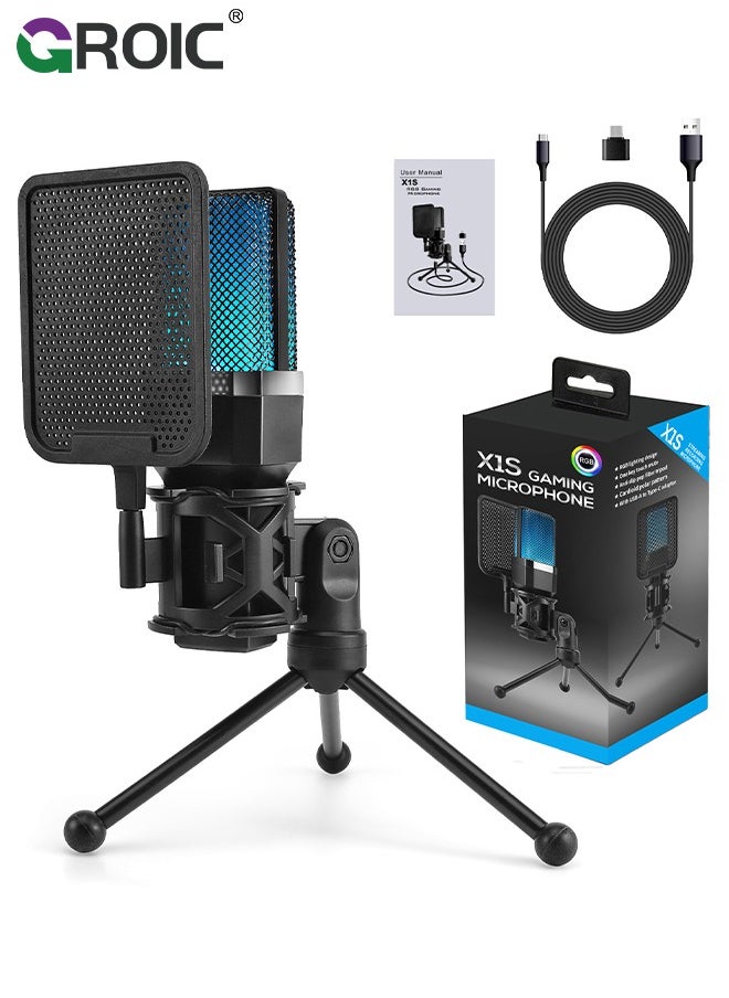 GROIC Computer Microphone for Gaming, USB Mic with RGB Lights, Quick Mute, Tripod Stand, Pop Filter, Shock Mount, Type-C Adapter for PC PS4/5 Streaming Podcast Twitch YouTube Online Chat  - Image 1
