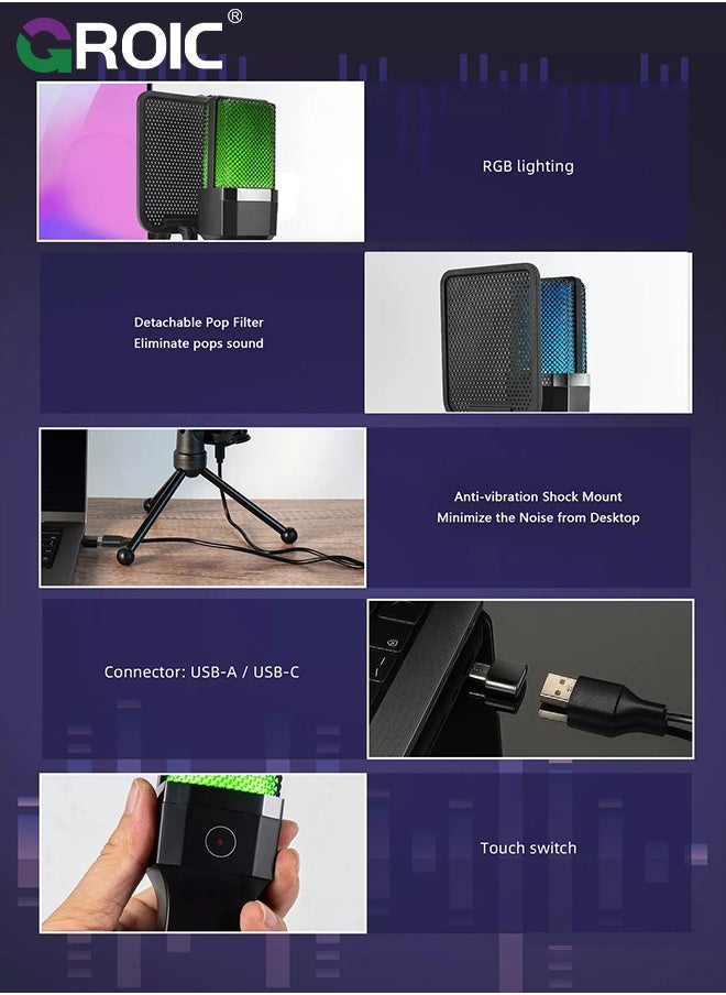 GROIC Computer Microphone for Gaming, USB Mic with RGB Lights, Quick Mute, Tripod Stand, Pop Filter, Shock Mount, Type-C Adapter for PC PS4/5 Streaming Podcast Twitch YouTube Online Chat  - Image 5