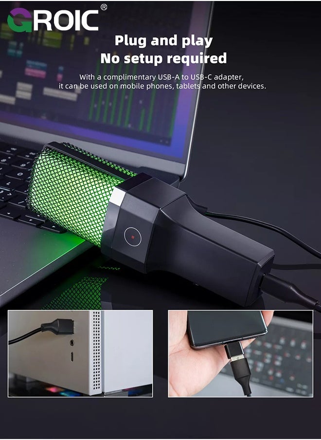 GROIC Computer Microphone for Gaming, USB Mic with RGB Lights, Quick Mute, Tripod Stand, Pop Filter, Shock Mount, Type-C Adapter for PC PS4/5 Streaming Podcast Twitch YouTube Online Chat  - Image 4