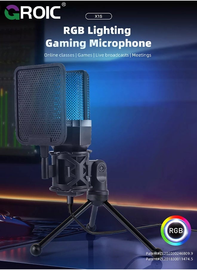 GROIC Computer Microphone for Gaming, USB Mic with RGB Lights, Quick Mute, Tripod Stand, Pop Filter, Shock Mount, Type-C Adapter for PC PS4/5 Streaming Podcast Twitch YouTube Online Chat  - Image 2