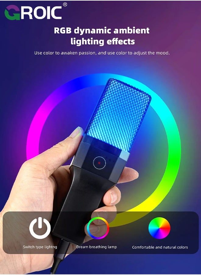 GROIC Computer Microphone for Gaming, USB Mic with RGB Lights, Quick Mute, Tripod Stand, Pop Filter, Shock Mount, Type-C Adapter for PC PS4/5 Streaming Podcast Twitch YouTube Online Chat  - Image 3