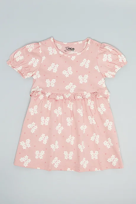 أر أند بي Printed Fit & Flare Dress with Crew Neck and Puff Sleeves