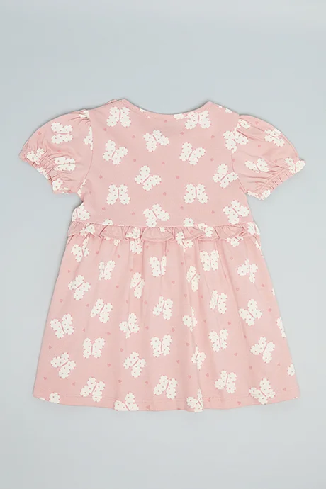 أر أند بي Printed Fit & Flare Dress with Crew Neck and Puff Sleeves