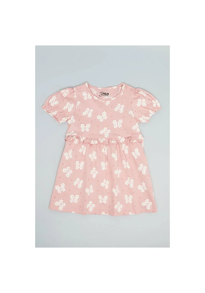 R&b Printed Fit & Flare Dress with Crew Neck and Puff Sleeves