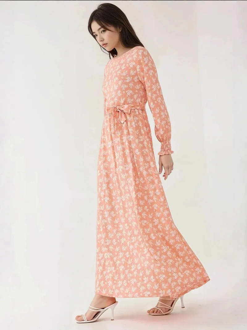 HICCUP Floral Print Long Sleeve Maxi Dress with Belt