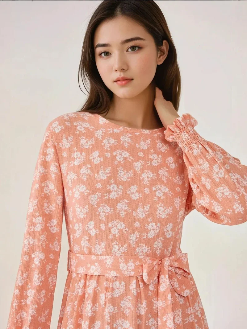 HICCUP Floral Print Long Sleeve Maxi Dress with Belt