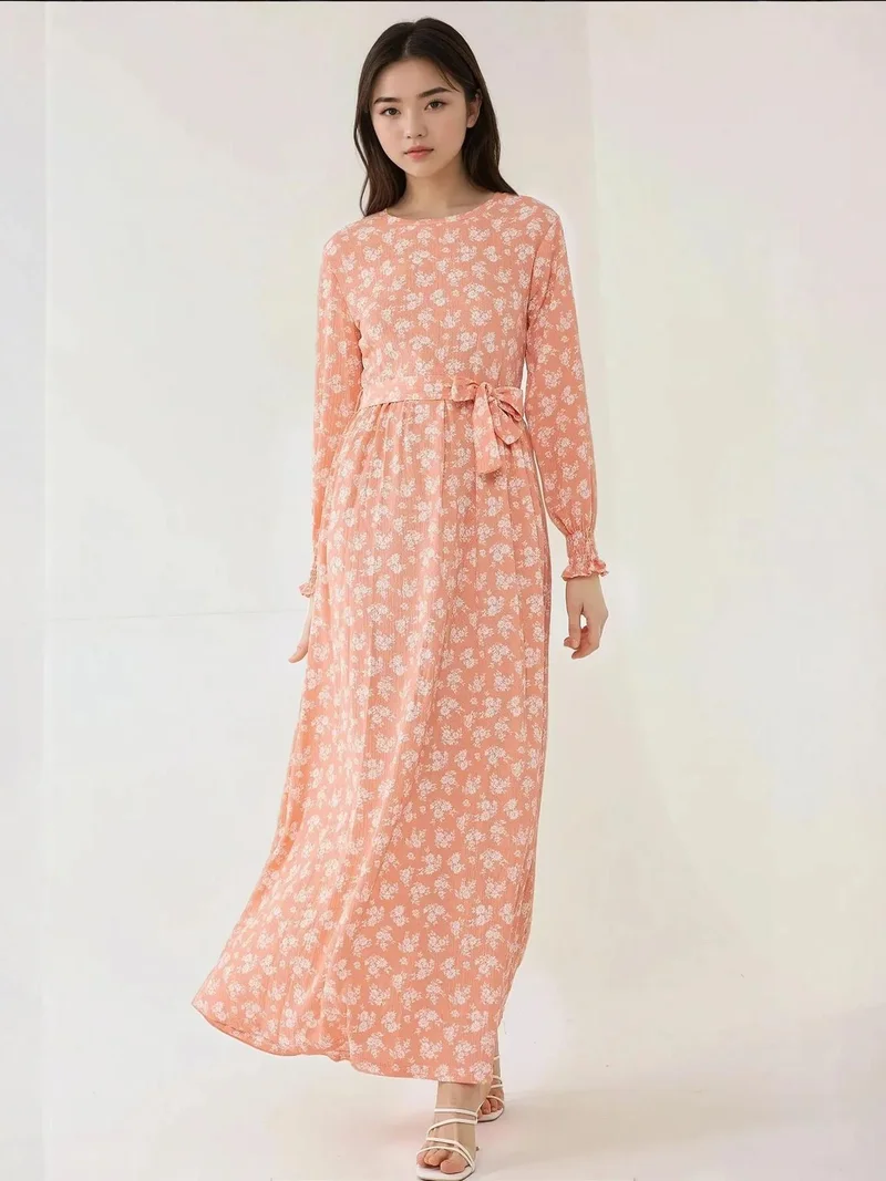 HICCUP Floral Print Long Sleeve Maxi Dress with Belt