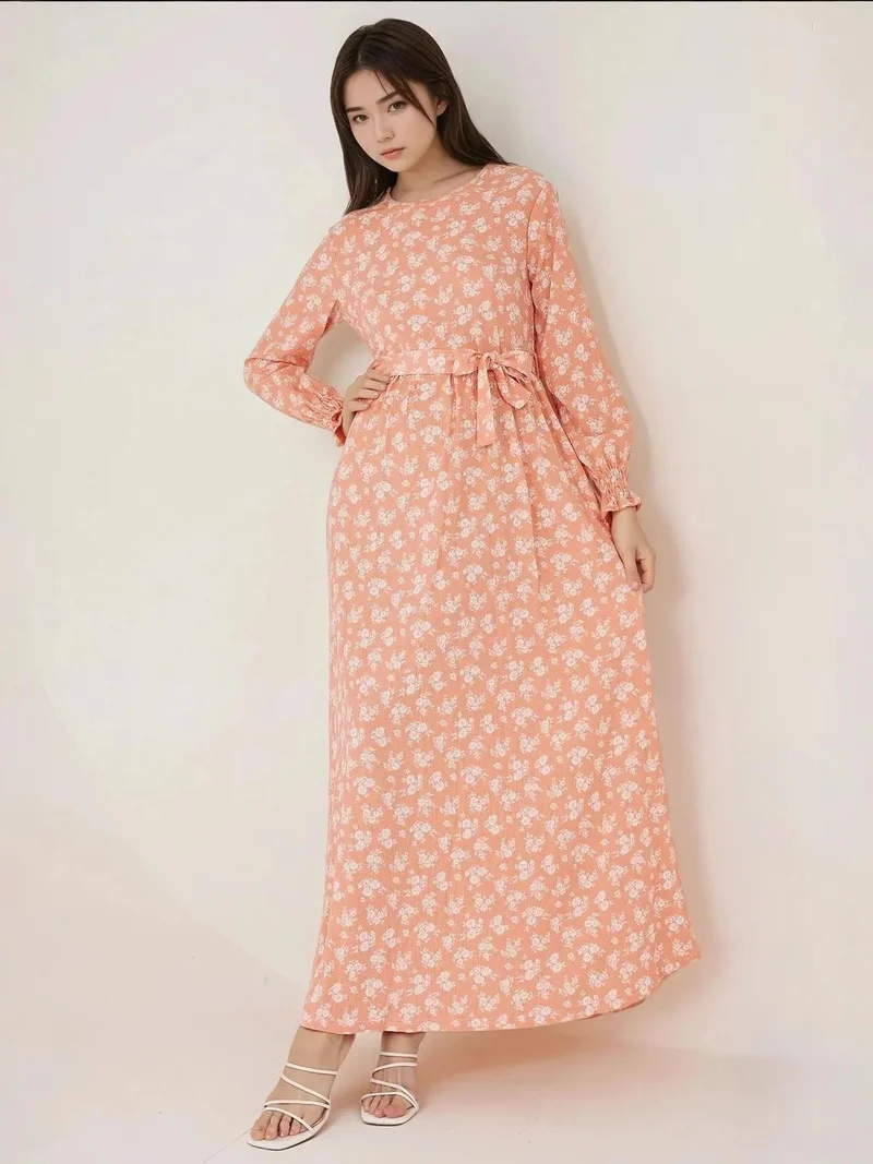 HICCUP Floral Print Long Sleeve Maxi Dress with Belt