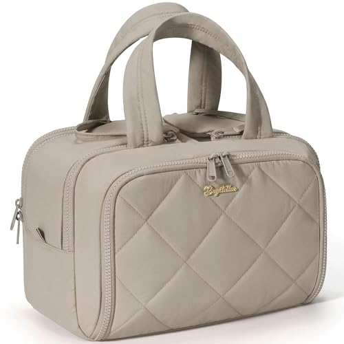 Bagstellar Travel Toiletry Bag, Large Wide-open Puffy Toiletry Bag for Women, Lightweight Quilted Makeup Bag Cosmetic Organizer with Handle Water-resistant Travel Essentials for Toiletries Accessories Oatmeal - Image 1