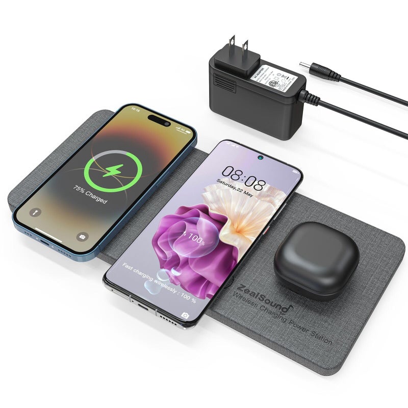 ZealSound Triple Wireless Charger,Charging Pad,Ultra Slim Fast 3x10W Charger Station for Multiple 3 Devices New Airpods Samsung Earbuds Mat Dock W/AC Adapter for All Wireless Charging Phones - Image 1