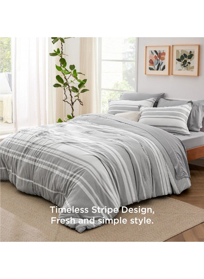 Bedsure Bedsure Queen Comforter Set 7 Pieces, Grey White Striped Comforter for Queen Size Bed Reversible, Cationic Dyeing Bed in a Bag with Comforter, Sheets, Pillowcases & Shams  - Image 2